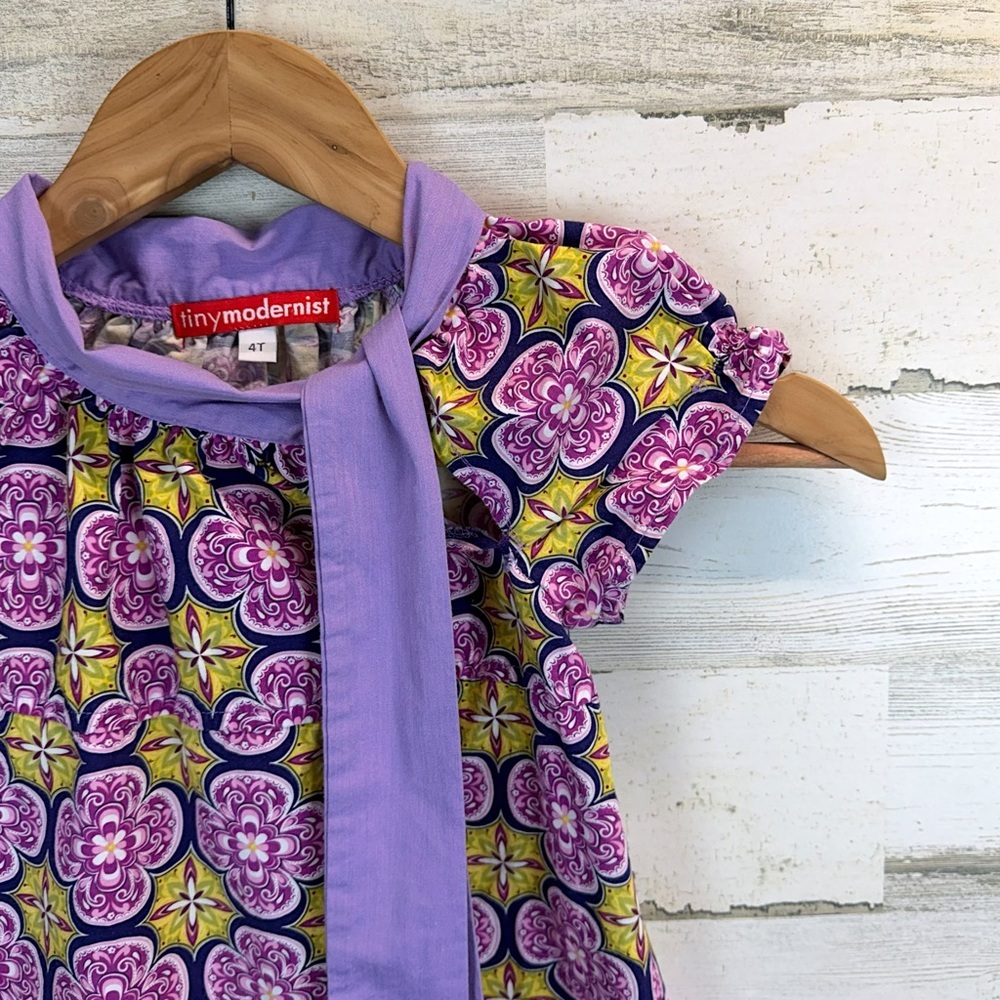 Tiny Modernist Purple Floral Bow Dress 4T Cottagecore Whimsical Boho Boutique - Picture 6 of 12
